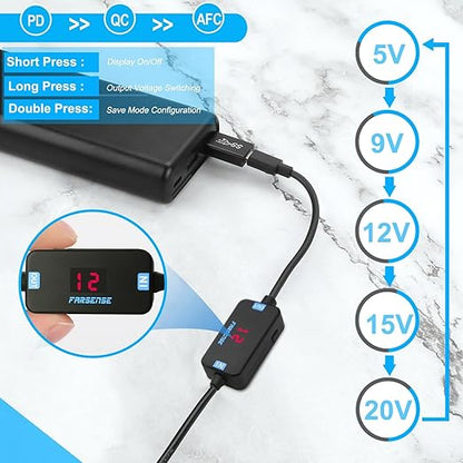 FARSENSE USB C to DC Adapter,Barrel PD Trigger Cable(3.3ft) with Type C Male to Femal/USB A to USB C/3.5x1.35mm Tips/,USB to DC Power Cable can Switching and LED Display Voltage