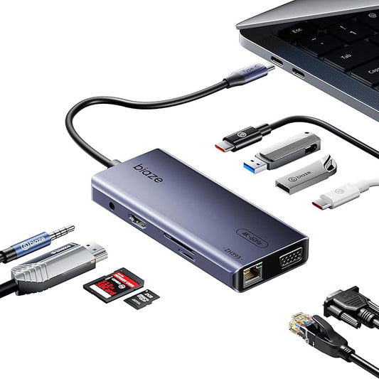 BIAZE 10-in-1 USB C Hub Multiport Adapter, 4K60Hz HDMI & VGA, 100W PD Charging, Gigabit Ethernet, USB 3.0, SD/TF Card Reader, 3.5mm Audio, for MacBook, iPad, Dell, HP and More Type C Laptops