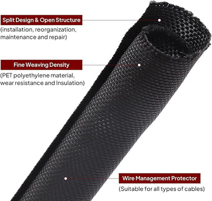 Black Braided Cable Management Sleeves Wire Loom Tubing Cord Protector Self-Wrapping (1/4"-18Feet)