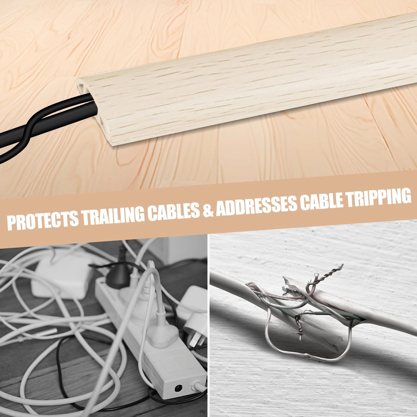 Floor Cord Cover Cavity 0.8"x0.37" Self Adhesive Cord Hider, 3.3FT Low Profile Cable Management, Extension Strip Protector for Wires, Prevent Cable Trips for Offices, Gyms, Exhibitions (Yellow Wood)