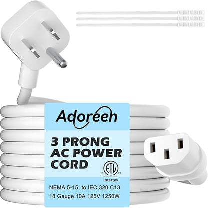 Adoreen 10 Ft Computer TV Replacement Power Cord White, Low Profile Flat Plug 18AWG 3-Prong AC Universal Power Supply Cable NEMA 5-15P to IEC 320 C13 for Printer, PC, Monitor TV LCD, ETL+Ties