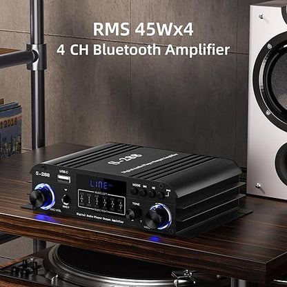 Facmogu S-288 4 CH Bluetooth 5.0 Home Audio Amplifier, RMS 45Wx4, Max 600W HiFi Stereo Power Amplifier USB, SD, FM Class D Speaker Amp for Home Theater Karaoke, with Power Adapter & Remote Control