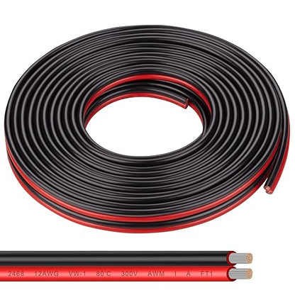 12AWG 2 Conductor Parallel Tinned Copper Wire - 20FT, Black, PVC Insulated, Solar Panel, LED, Automotive, RV, Inverter Compatible