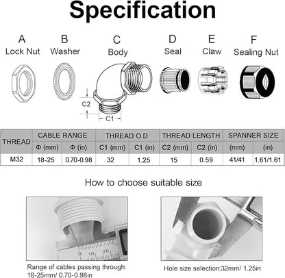 LeMotech M32 Cable Gland, 90 Degree Adjustable 18-25mm Strain Relief, Cord Connectors Nylon Joints with Gaskets, 2 Pcs, Grey