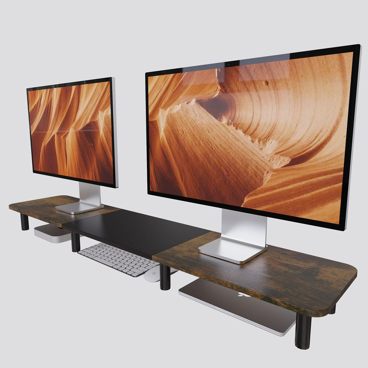 WEGASTU 43.7" Extra Long Dual Monitor Stand Riser, Wood & Steel Monitor Stand for 2 Monitors, Wide TV Stand, Desktop Riser for Desk Organization, Home Office，Laptop,Printer,TV (Black)