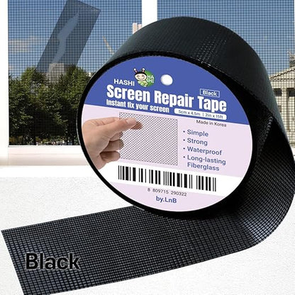 HA SHI Screen Repair Kit for Windows or Doors (2" x 15FT, Black) 3-Layer Strong Adhesive Tape, Made in Korea, Ease-Installation Fiberglass Covering Mesh