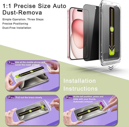 (2-Pack Anti-Spy Privacy Screen Protector for iPhone 14 Pro/15/16(6.1-Inch),9H Tempered Glass,Full Coverage,Anti-Fingerprint,Auto Dust Removal,Bubble-Free,Easy Installation