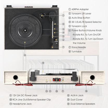 Record Player for Vinyl with External Speakers, Belt-Drive Turntable with Dual Stereo Speakers Vintage Vinyl LP Player Support 3 Speed Wireless AUX Headphone Input Auto Stop for Music Lover White
