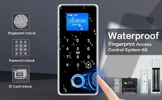 Waterproof Electric Magnetic Fingerprint Door Access Control Kit - 1200 lb Holding Force, RFID Keypad/Reader, 5 ID Cards, 110V Power Supply & Metal Exit Button - Secure Lock System (K5EM-1200LB KIt)