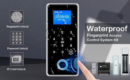 Waterproof Electric Magnetic Fingerprint Door Access Control Kit - 1200 lb Holding Force, RFID Keypad/Reader, 5 ID Cards, 110V Power Supply & Metal Exit Button - Secure Lock System (K5EM-1200LB KIt)