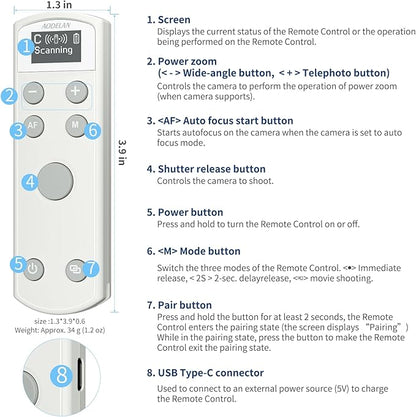 AODELAN Rechargeable Wireless Shutter Release for Canon Camera Remote Control Zoom Focus Compatible with R50,G7X Mark III,R6 Mark II,R5,R6,R7,M6 Mark II,M200,M50,90D,200D,Replace Canon BR-E1(White)