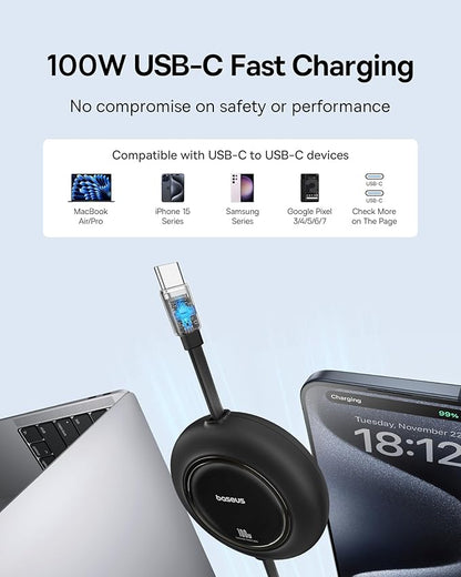 Baseus USB C Cable, 100W 2-Pack 6.6ft Retractable USBC to USBC Fast Charging Cable, 7-Stage Length Preset Retractable Type C Cord for iPhone 16 15 Pro Plus Pro Max, MacBook, iPad Pro, Samsung S24/S23