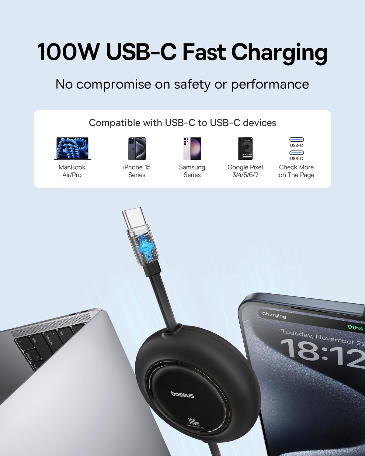 Baseus USB C to USB C Cable, 100W 6.6ft Retractable USB C Charging Cable