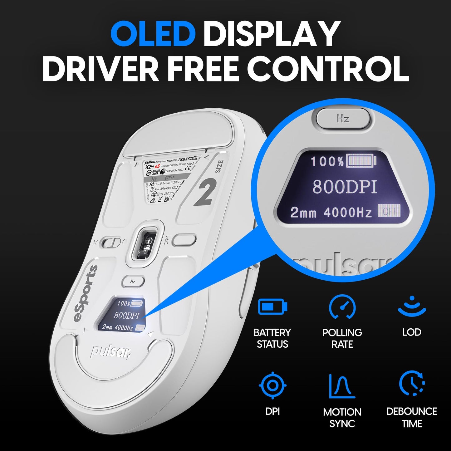 Pulsar Gaming Gears - X2H eS Wireless Gaming Mouse, Limited Edition, Symmetrical, Optical Switch, OLED Display, Driverless, PAW3395 Sensor, 100H Battery, 4K dongle Included (Medium, White)
