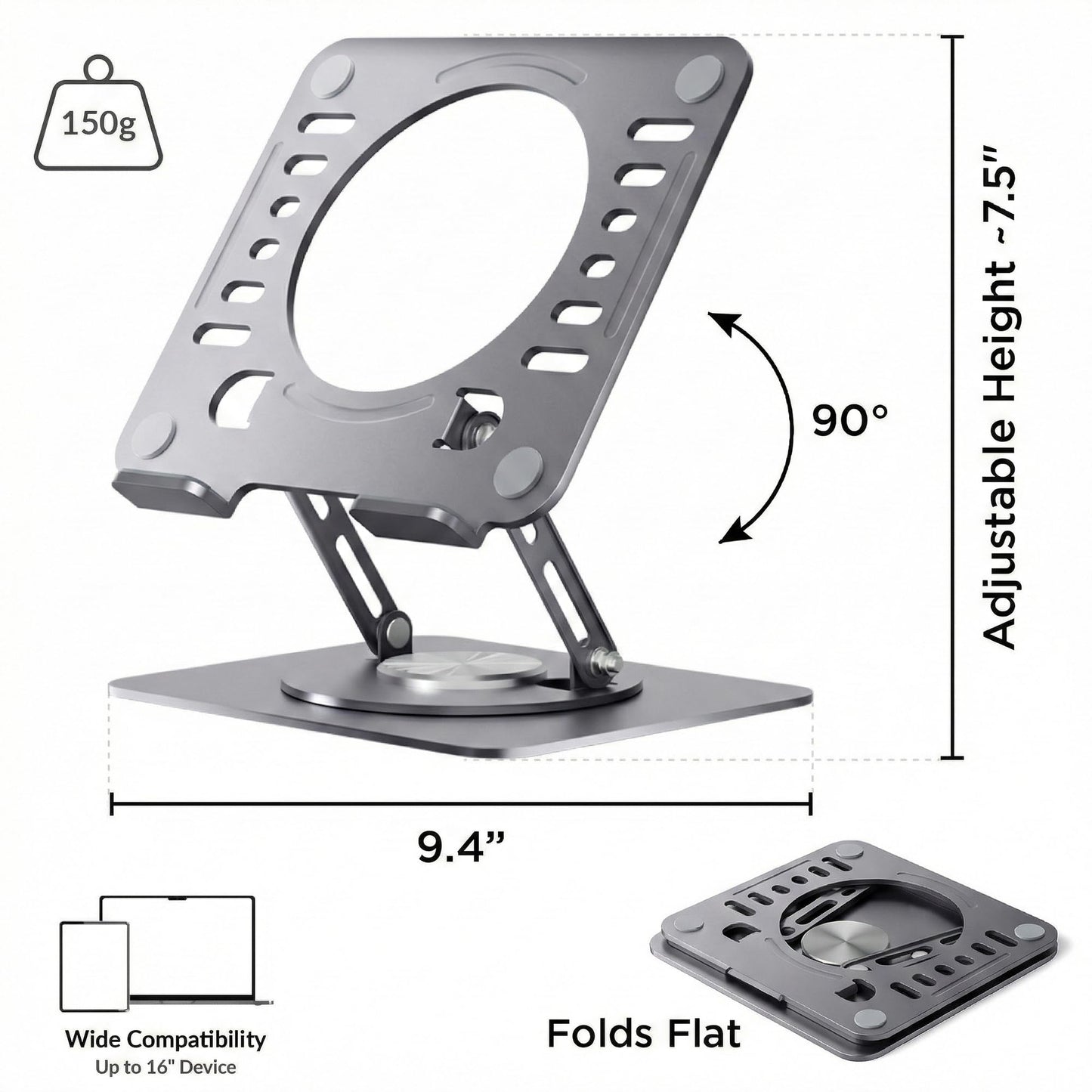 Uncaged Ergonomics Swivel Laptop Stand for Desk, Adjustable Computer iPad Stand for Desk w/ 360 Rotation, Portable Laptop Holder for Home Office Ergonomic Supplies (Space Gray)