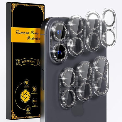 beuxece for 6 Pack iPhone 16 / iPhone 16 Plus Camera Lens Protector [Drop Protection] [Case Friendly] [Easy Installation] 9H Tempered Glass Camera Screen Protector Cover Accessories, Glitter Black