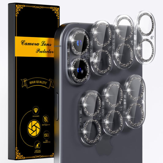 beuxece for 6 Pack iPhone 17 / iPhone 16 / iPhone 16 Plus Camera Lens Protector [Drop Protection] [Easy Installation] 9H Tempered Glass Camera Screen Protector Cover Accessories, Glitter Black