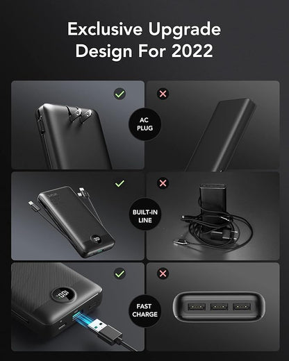 VRURC Portable Charger 20000mAh, Fast Charging Power Bank USB C,4 Output 2 Input Travel Essentials Charging Bank Equipped with LED Display,Built-in Wall Plug and Cables,Phone Charger Battery,Black
