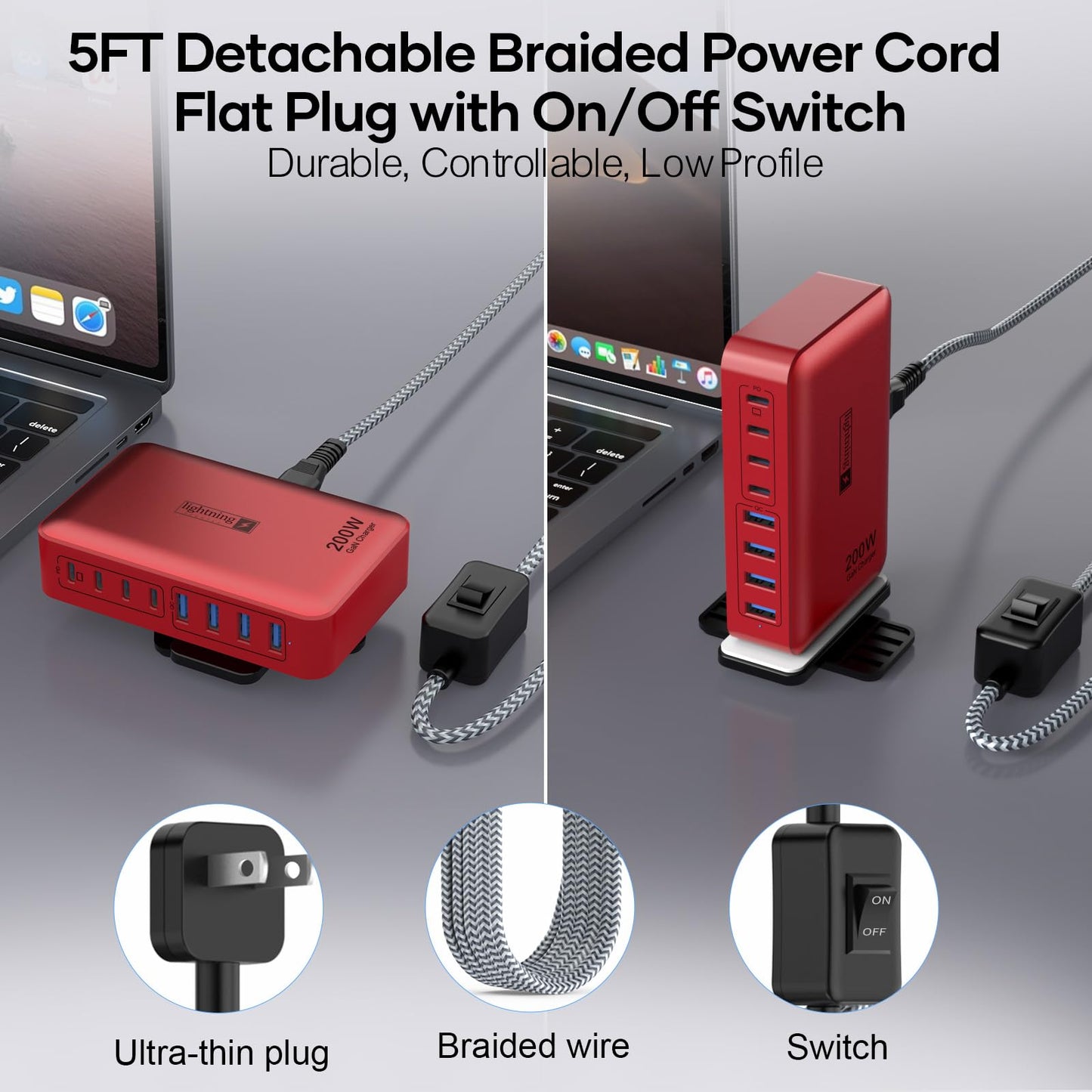 8-Port USB Charger Block 200W with Flat Plug, Braided Power Cord, and On/Off Switch- USB Charging Hub for iPhone, iPad, MacBook and More- 65W C Port Power Adapter for Laptops