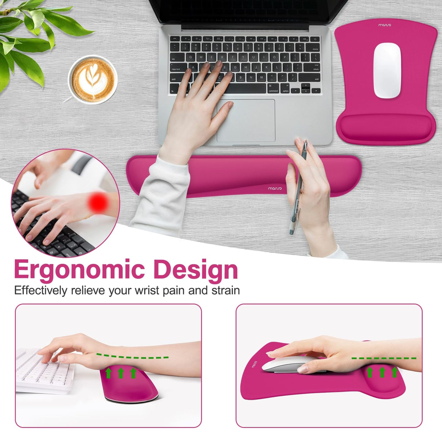 MOSISO Wrist Rest Support for Mouse Pad & Keyboard Set, Ergonomic Mousepad Non-Slip Base Home/Office Pain Relief & Easy Typing Cushion with Neoprene Cloth & Raised Memory Foam, Rose Red