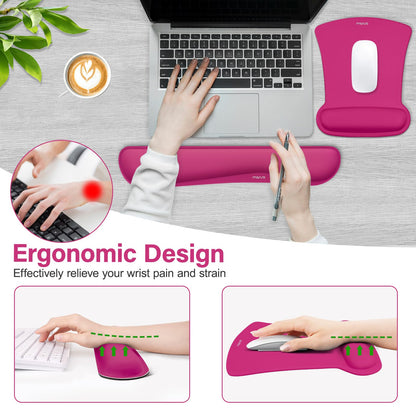 MOSISO Wrist Rest Support for Mouse Pad & Keyboard Set, Ergonomic Mousepad Non-Slip Base Home/Office Pain Relief & Easy Typing Cushion with Neoprene Cloth & Raised Memory Foam, Rose Red