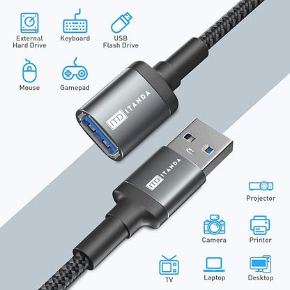ITD ITANDA 1.5FT USB Extension Cable USB 3.0 Extension Cord Type A Male to Female 5Gbps Data Transfer for Keyboard, Mouse, PlayStation, Xbox, Flash Drive, Printer, Camera and More, Grey