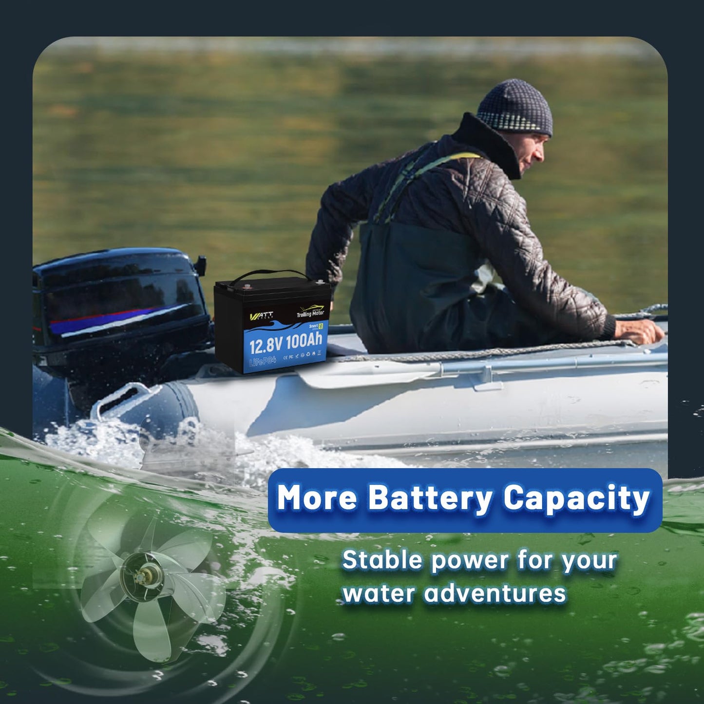 WattCycle 12V 100Ah LiFePO4 Battery, Group 24 Lightweight Lithium Battery with 120A Smart BMS, IP67 Waterproof, Bluetooth Monitoring Battery for RV, Boat, Solar, Off-Grid Backup Power