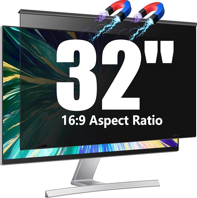 Magnetic 32 inch Computer Privacy Screen Filter for 16:9 Widescreen Monitor Desktop PC, 32in Hanging Removable Anti Glare Blue Light Eye Protection Shield, Anti Spy Screen Protector Panel