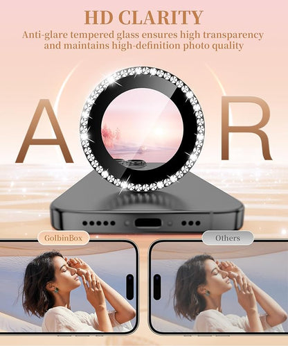 GolbinBox Camera Lens Protector for iPhone 16 Pro Max/16 Pro, 1:1 Invisible Fit, 9H Tempered Glass Ultra HD Metal Individual Camera Cover Screen Protectors for Women, Case Friendly, Bling/Black