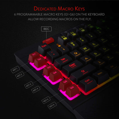 Redragon K512 RGB Membrane Gaming Keyboard, 6 Macro Keys & Easy Media Wheel