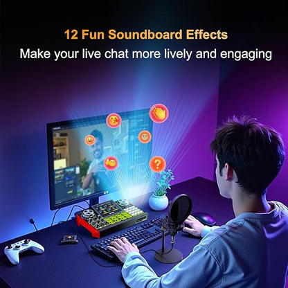 podcast equipment bundle, Live Sound Card with Audio Interface, All-in-One Audio Mixer with Voice Changer, Condenser Microphone for Live Streaming, Singing, Gaming, and Content Creation.