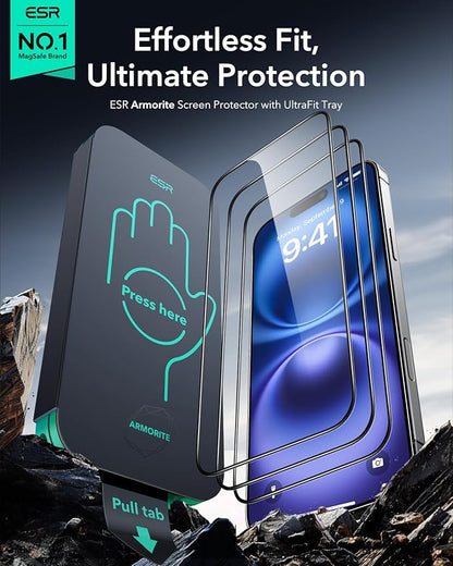 ESR 3 Pack 9H+ Glass for iPhone 16 Plus/iPhone 15 Plus Screen Protector, [Military Grade Shatterproof & Longest Durable] Armorite Full Coverage Tempered Glass with UltraFit Tray