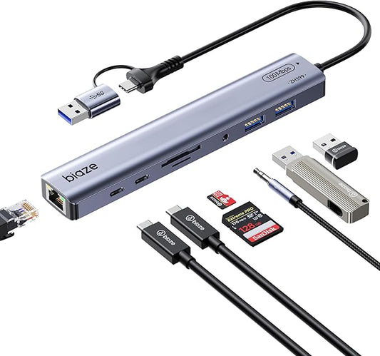 BIAZE 9-in-1 USB/USB C Hub Adapter for MacBook, iPhone,3 USB Ports (2xUSB 3.0, USB 2.0), 100M Ethernet, SD/TF Card Reader, 3.5mm Audio, 2X USB-C Data Ports,No Driver Required