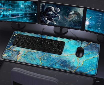Large Mouse Pad with Stitched Edges, (35.4X15.7In) Durable Non-Slip Natural Rubber Base, Waterproof Computer Keyboard Pad Mat for Esports Pros/Gamer/Desktop/Office/Home, MarbleBlue