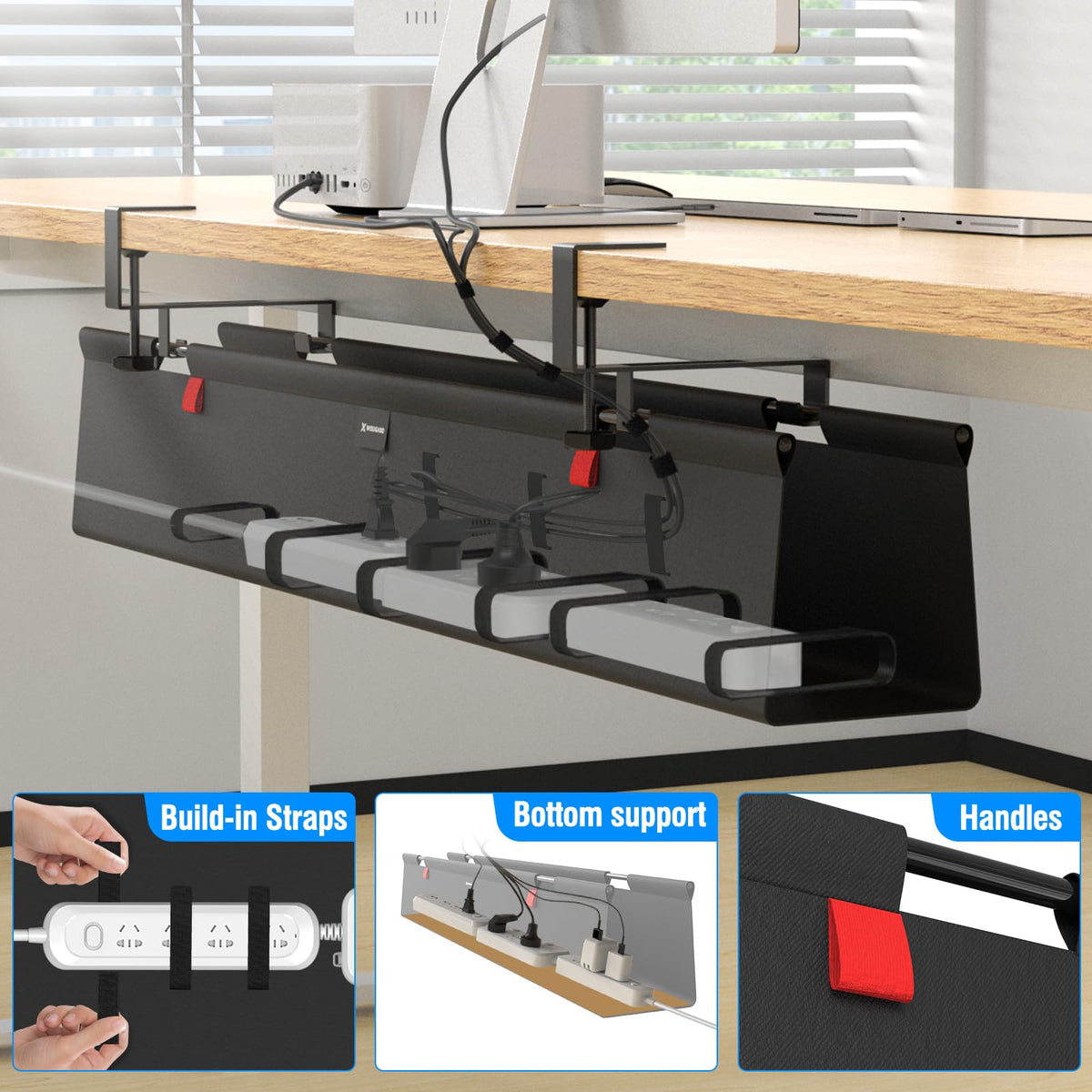 WISUGASO Under Desk Cable Management Tray for Table, No Drill 36" Cord Organizer with Cable Loop, Upgraded Oxford Fabric Wire Management for Office, Home - No Damage to Table