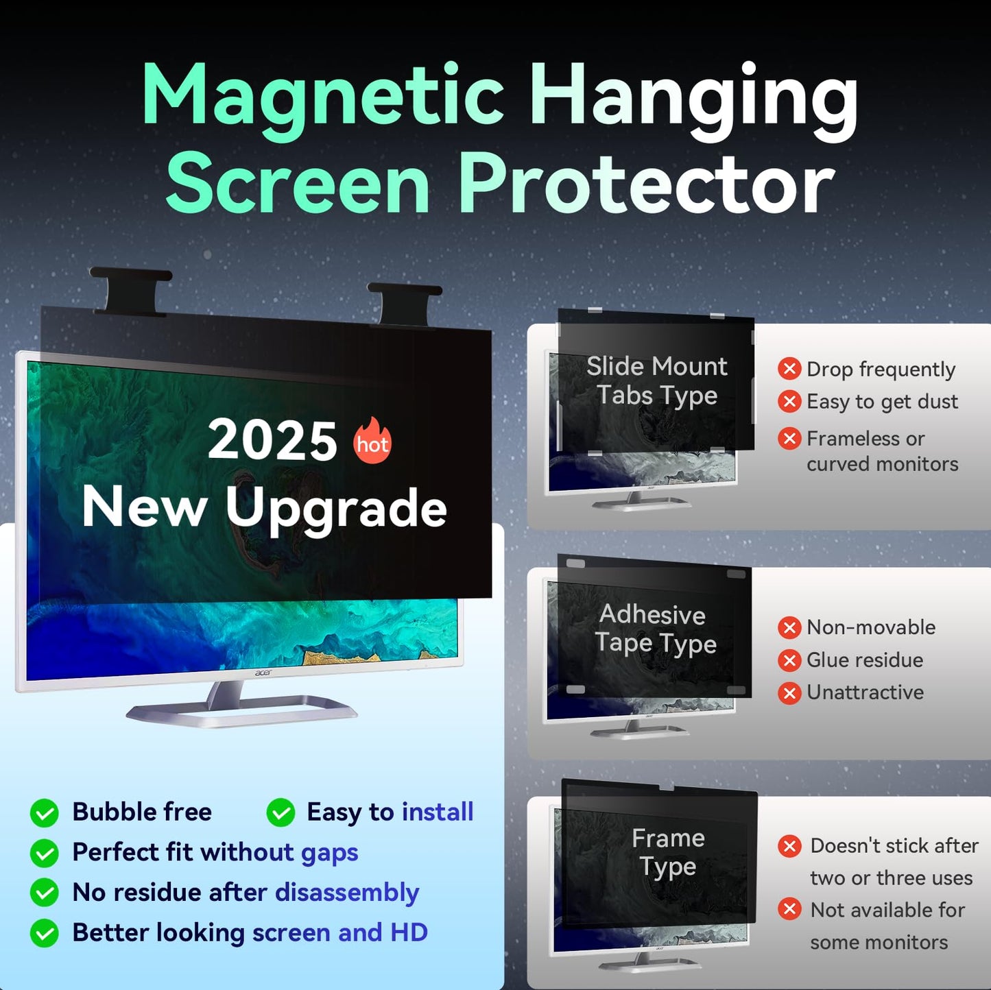 [2 Pack] Magnetic Hanging 27 Inch Computer Privacy Screen for 16:10 Aspect Ratio Widescreen Monitor, Eye Protection Anti Glare Blue Light Computer Monitor Privacy Filter, Removable 27in Protector Film