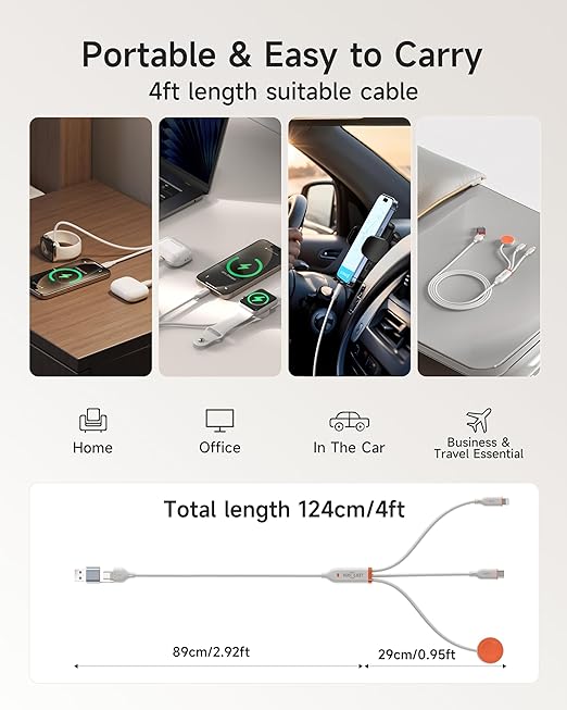 for Apple Watch Charger,3-in-2 Silicone Multi Charging Cable Travel Fast Charger Cord with USB C/Lightning Ports –Tangle-Free for iWatch Ultra/SE/10-1, iPhone 16-12/PS5/Nintendo Switch-4FT
