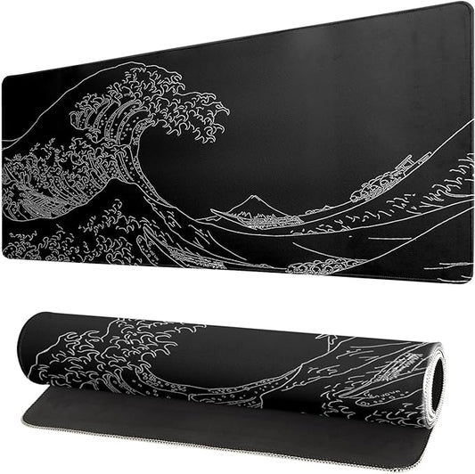 Japanese Sea Wave Large Mouse Pad Abstract Black Mouse Pad 31.5x11.8 Inch Black Kanagawa Texture Non-Slip Rubber Base Large Ocean Mousepad Stitched Edge Keyboard Mouse Mat Desk Pad for Office and Home