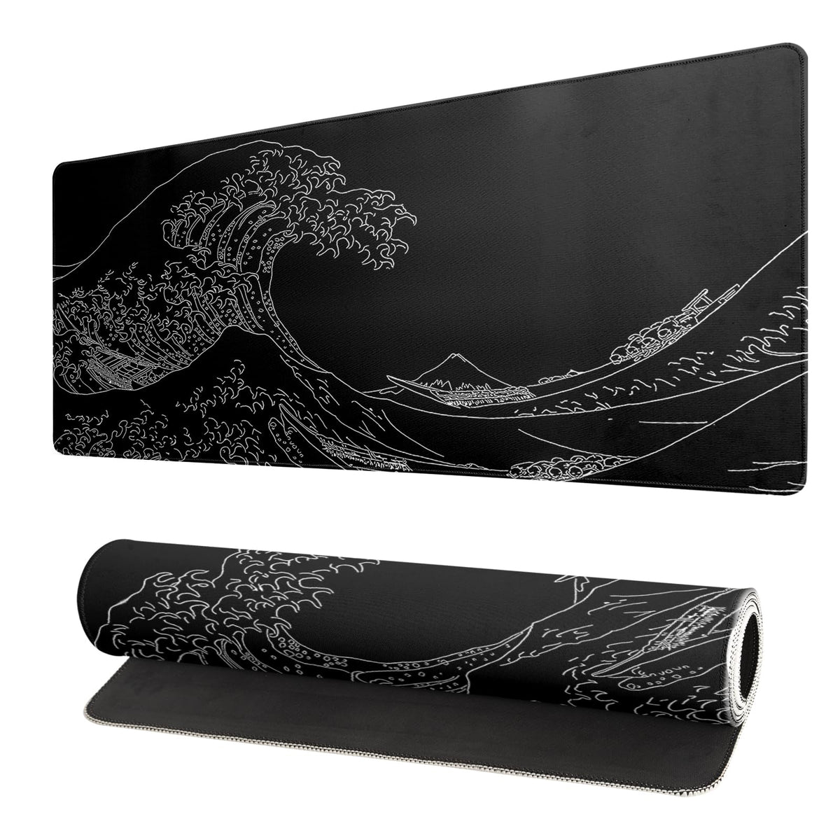 Japanese Gaming Mouse Pad Abstract Black Mouse Pad 31.5x11.8 Inch Black Sea Wave Texture Non-Slip Rubber Base Large Ocean Mousepad Stitched Edges Keyboard Mouse Mat Desk Pad for Office and Home