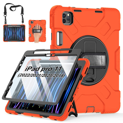 Case for iPad Pro 11 Inch 2022/2021/ 2020/2018: Silicone Cover for iPad 11 Inch 4th/ 3rd/ 2nd/ 1st/ Generation with Screen Protector- Stand- Handle- Shoulder Strap- Pencil Holder-Orange