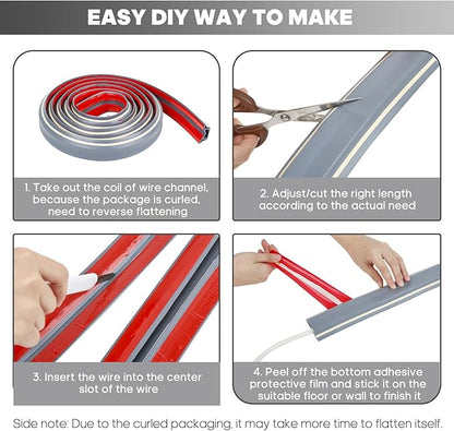 10ft Large Grey Floor Cord Cover, Self-2" (W) x 0.6"(H), Cable Cavity:0.8"(W) x 0.4"(H), Adhesive Power Cable Protector, Silicone Cord Protector, Cord Management, Cord Concealer and Cable Hider