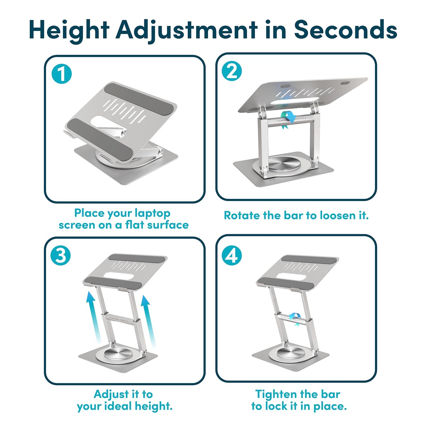 Lifelong 360 Rotating Adjustable Laptop Stand, 16" Tall Riser - Silver