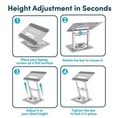 Lifelong 360 Rotating Adjustable Laptop Stand, 16" Tall Riser - Silver
