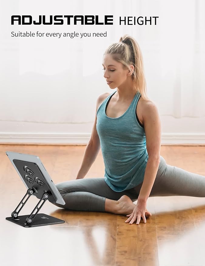 ToBeoneer Adjustable Tablet Stand for Desk, Premium Aluminum Holder for iPads, Tablets, Kindles, Switch, Phones, and All Devices up to 14 Inches. Portable and Foldable Black, Plus Size