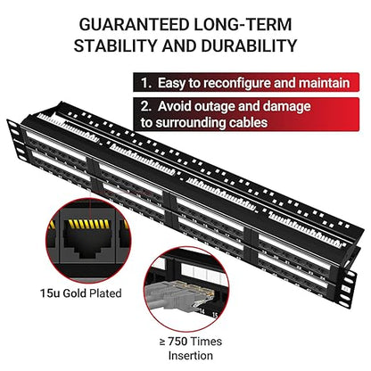 AMPCOM Premium Series CAT6 48 Ports Patch Panel, Rack Mount - 2U, 19 inch, RJ45 Ethernet 568A 568B, 15u Gold Plated, with Rear Cable Support Bar