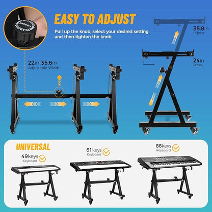 Keyboard Stand Piano w/ Wheels Duty Piano Stand Z Style Adjustable Keyboard Stand Keyboard Holder Piano Keyboard Stand - Sturdy Rolling Musical Keyboard Stand Fits 54, 61 And 88 Keys Electric Keyboards Digital Pianos