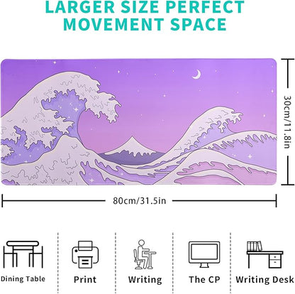 Purple Japanese Sea Wave Gaming Mouse Pad - Large Desk Mat with Non-Slip Base and Stitched Edge for Gaming and Office - 31.5x11.8 Inch
