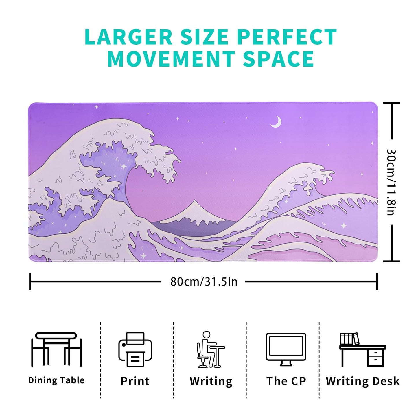 Purple Japanese Sea Wave Gaming Mouse Pad - Large Desk Mat with Non-Slip Base and Stitched Edge for Gaming and Office - 31.5x11.8 Inch