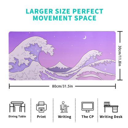 Purple Japanese Sea Wave Gaming Mouse Pad - Large Desk Mat with Non-Slip Base and Stitched Edge for Gaming and Office - 31.5x11.8 Inch
