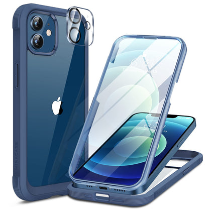 Miracase Glass Series for iPhone 12/12 Pro Case 6.1 inch, Upgraded Full-Body Rugged Phone Bumper Case Cover with Built-in 9H Tempered Glass Screen Protector and Camera Protector, Blue